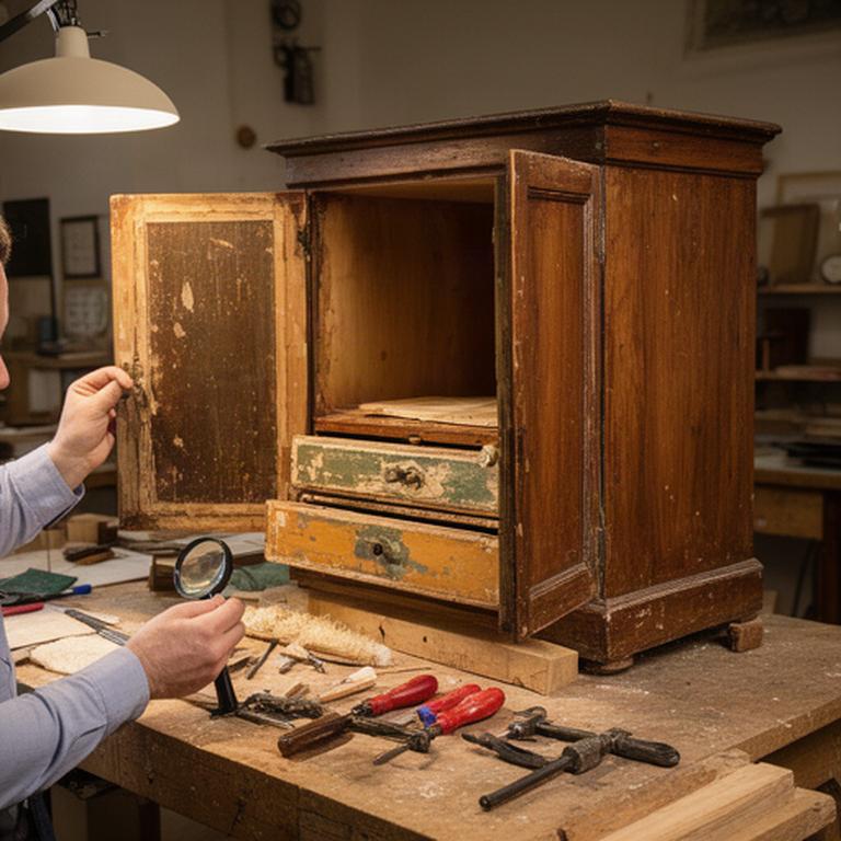 Mobile antico aperto sul banco di lavoro durante un intervento di restauro