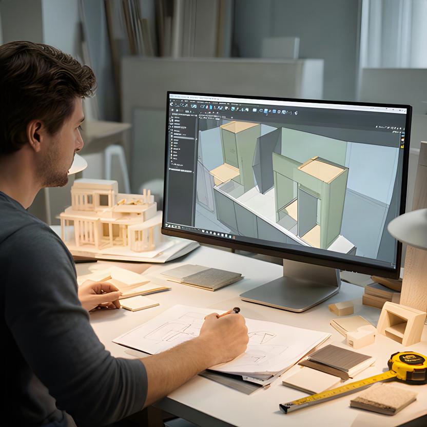 Designer di Walter's Fabbrica al computer mentre sviluppa un mobile su misura in un ambiente di progettazione