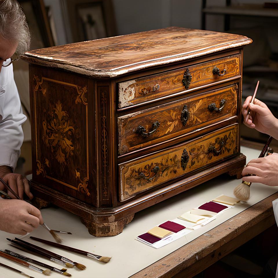 Cassettone italiano del Settecento durante il restauro, con intarsi lignei e dettagli del lavoro conservativo