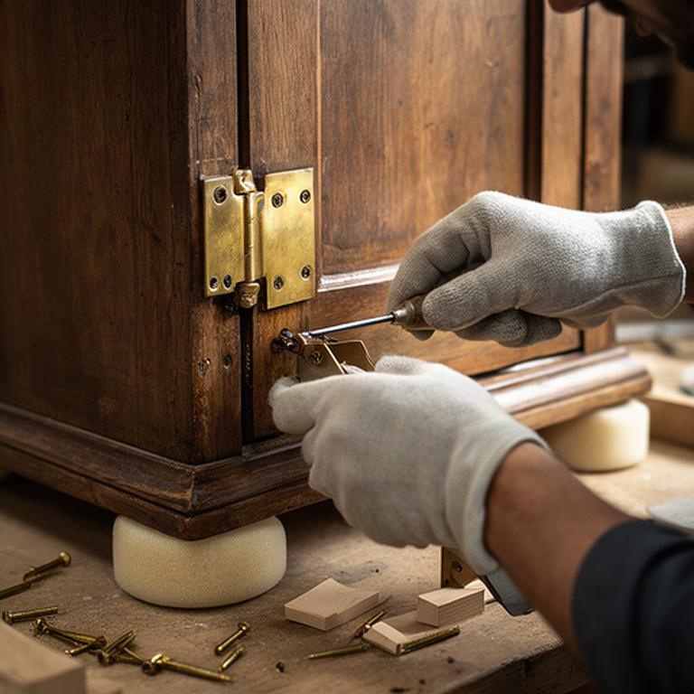Artigiano che rimonta cerniere e ferramenta restaurate su un mobile antico in legno