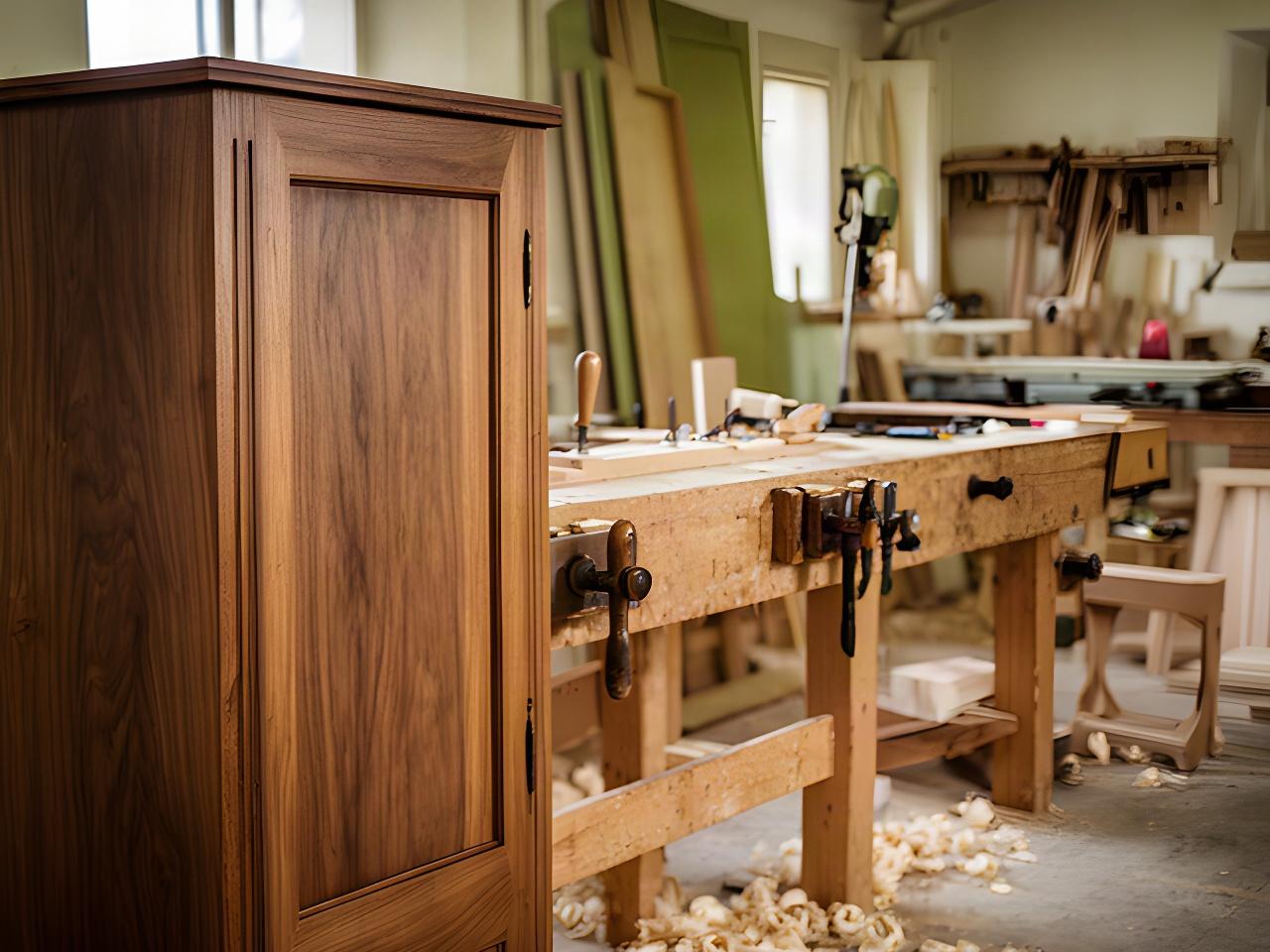 Dettaglio di un mobile in legno nella falegnameria di Walter's Fabbrica, con banco da lavoro e strumenti artigianali