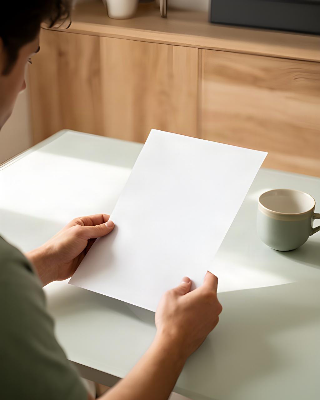 Persona che legge un'informativa su un tavolo luminoso con dettagli di arredo in legno sullo sfondo