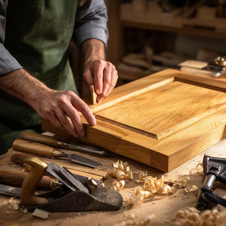 Falegname che rifinisce un'anta in rovere con utensili manuali