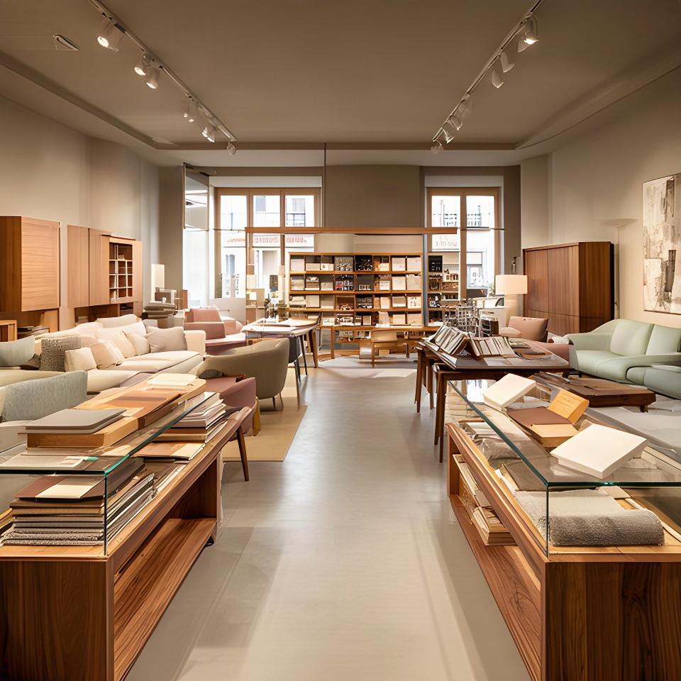 Showroom di arredamento su misura a Pavullo nel Frignano con campioni di legno, tessuti e mobili esposti