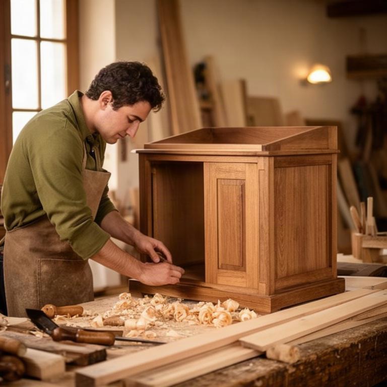 Artigiano al lavoro su un mobile in legno massello nel laboratorio emiliano