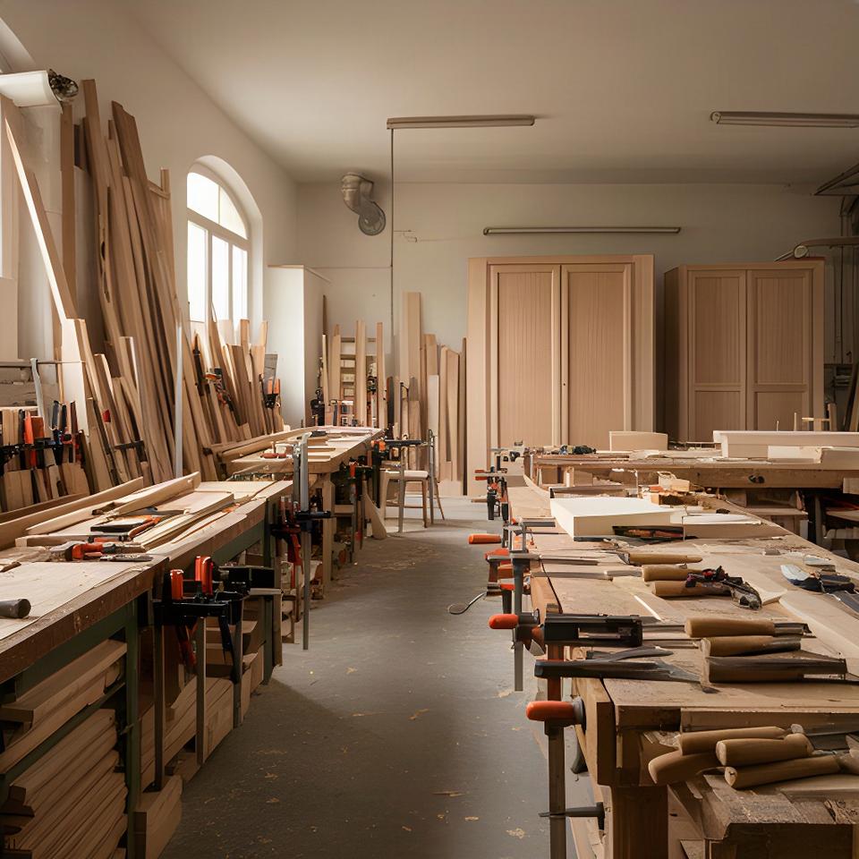 Interno del laboratorio di Walter's Fabbrica a Pavullo nel Frignano con legni, morsetti e mobili in costruzione