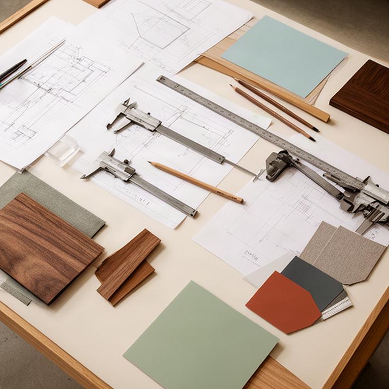 Disegni tecnici e campioni di legno su un grande tavolo da progettazione