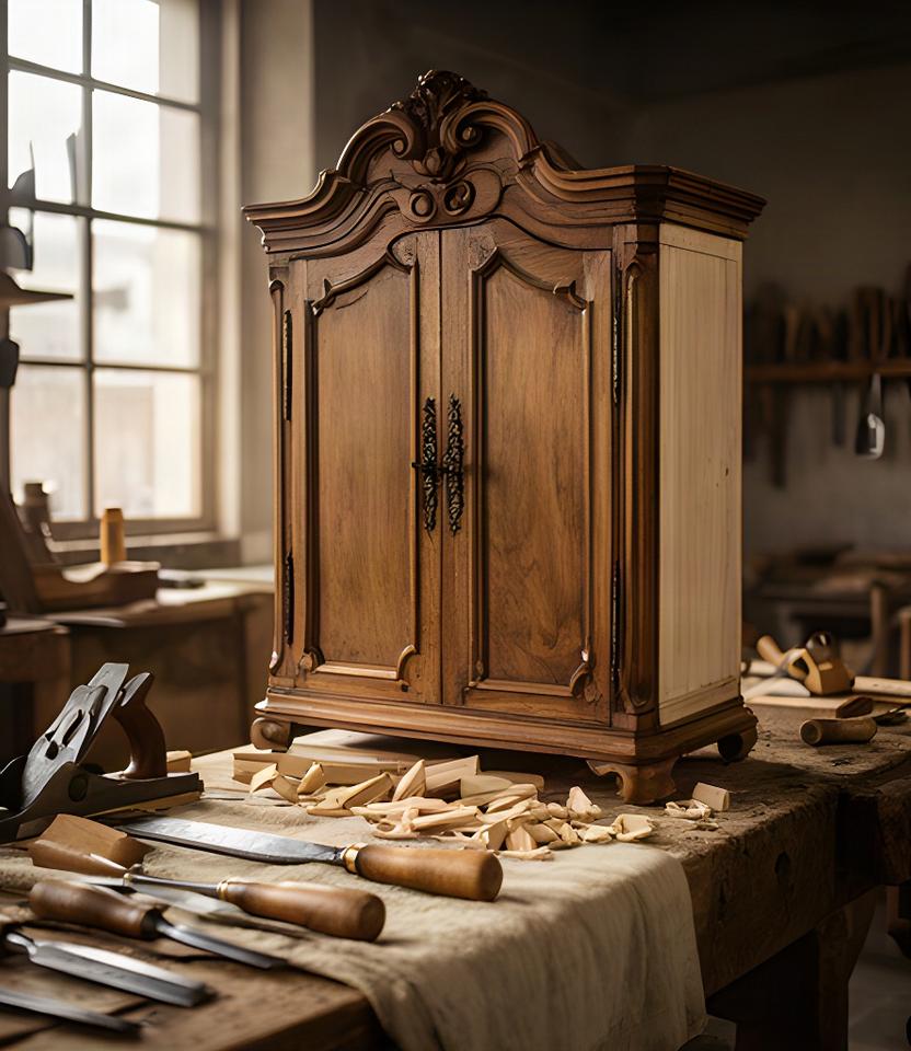 Mobile antico in restauro sul banco di Walter's Fabbrica, con strumenti tradizionali e legno naturale
