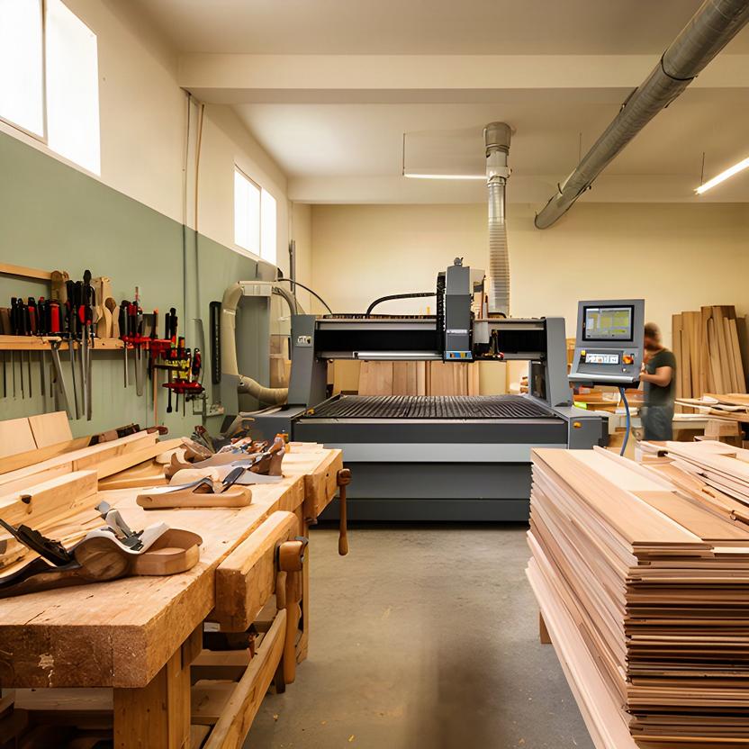Laboratorio di Walter's Fabbrica con banco da falegname, macchinari CNC e pannelli pronti per la lavorazione
