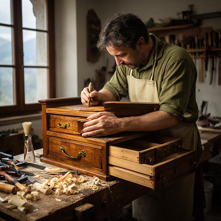 Artigiano al lavoro su un cassettone antico nel laboratorio di restauro a Pavullo nel Frignano