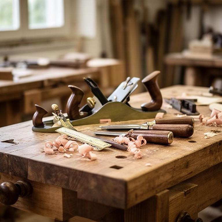 Dettaglio di un tavolo in legno nell'atelier di mobili di Walter's Fabbrica, con strumenti da falegnameria sullo sfondo