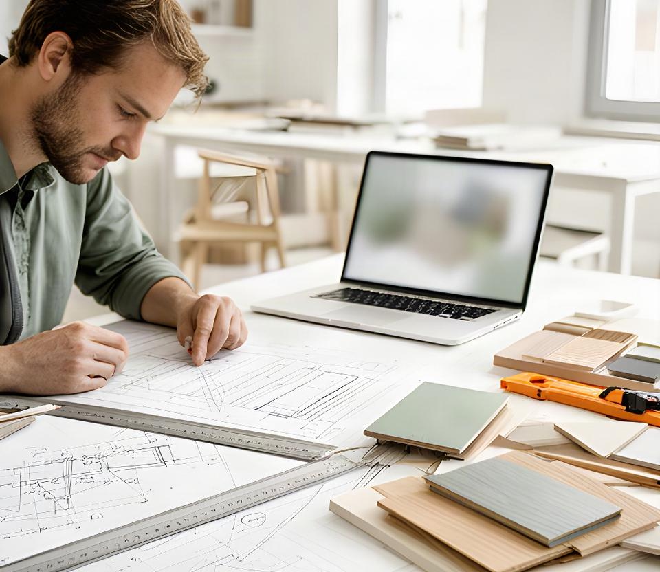 Progettista al lavoro su disegni tecnici e campioni di legno in uno studio luminoso