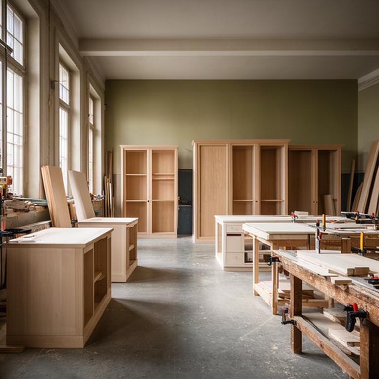 Interno ordinato dell'atelier di Walter's Fabbrica con armadi in costruzione e luce naturale sulle superfici lignee