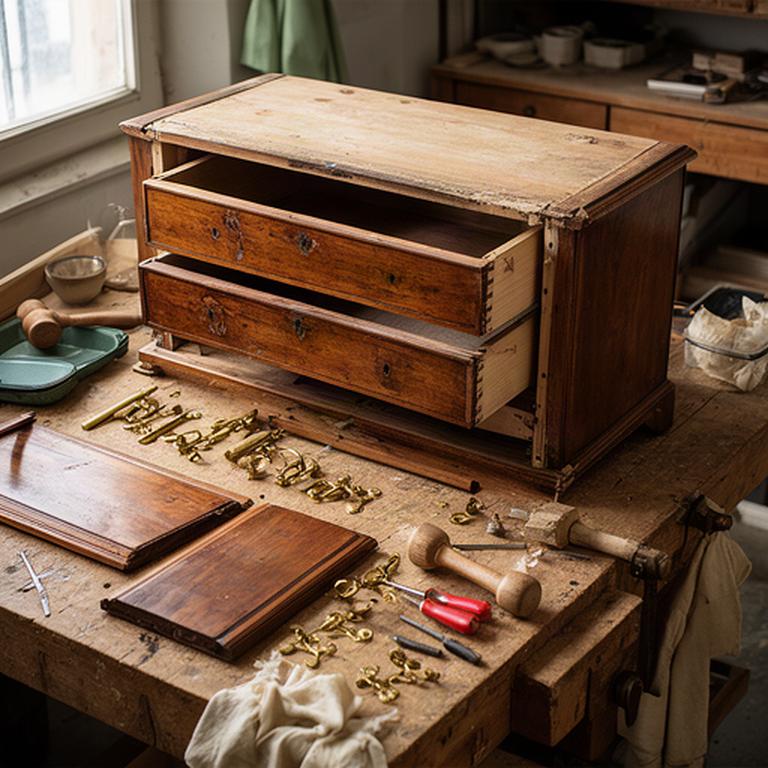 Cassettone emiliano d'epoca smontato per il restauro, con ferramenta originale sul banco da lavoro