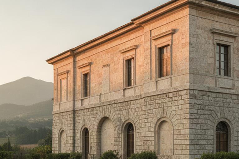 Facciata di un edificio storico dell'Emilia-Romagna vicino a Pavullo nel Frignano, con dettagli architettonici in pietra