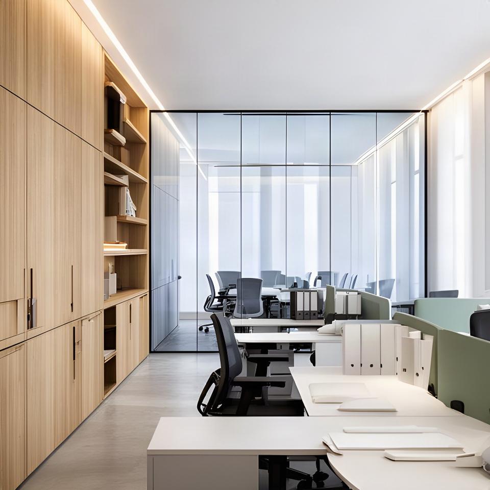 Ufficio commerciale a Milano con pareti attrezzate in legno, scrivanie executive e sala riunioni ordinata