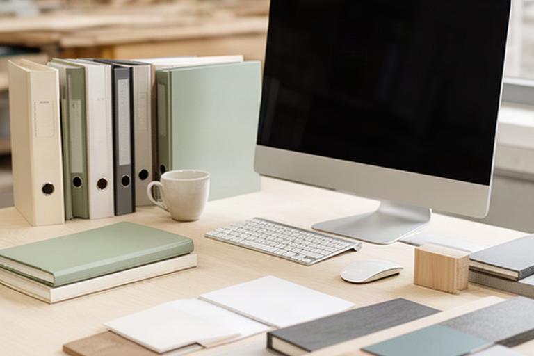 Scrivania con cataloghi di materiali e computer nell'ufficio amministrativo di una falegnameria italiana