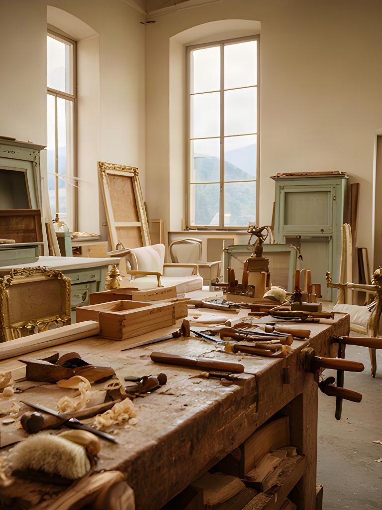 Laboratorio di Walter's Fabbrica a Pavullo nel Frignano con banco, morsetti e mobili antichi in lavorazione