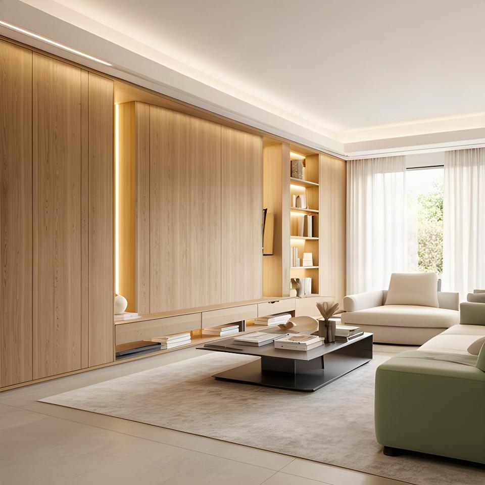 Soggiorno luminoso di una villa a Modena con boiserie in rovere, armadiature integrate e illuminazione calda