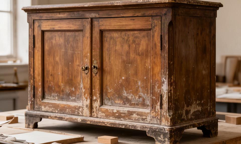 Mobile antico prima del restauro con vernice consumata e dettagli originali visibili