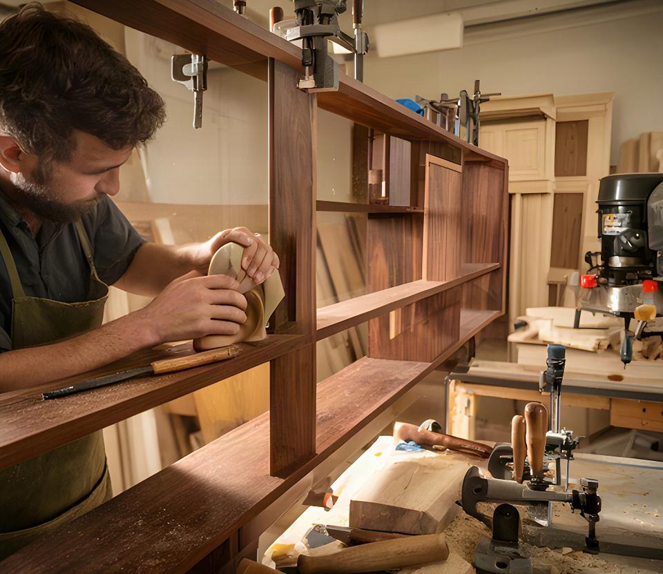 Falegname che rifinisce una libreria in legno massello nel laboratorio di Pavullo