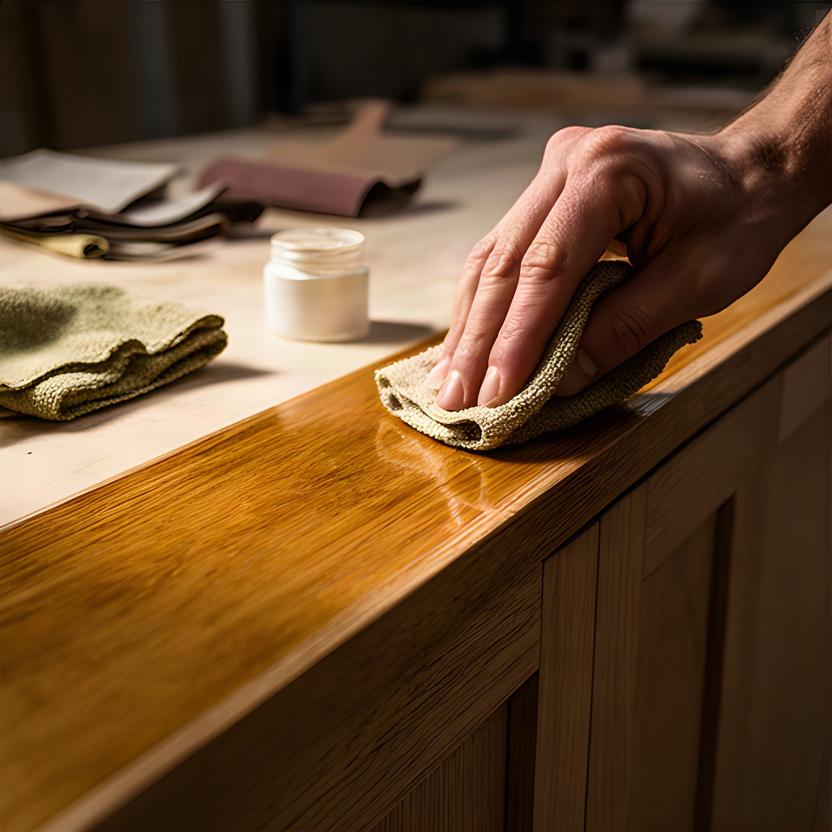 Dettaglio di una finitura a olio applicata su un mobile in rovere nel laboratorio di Walter's Fabbrica