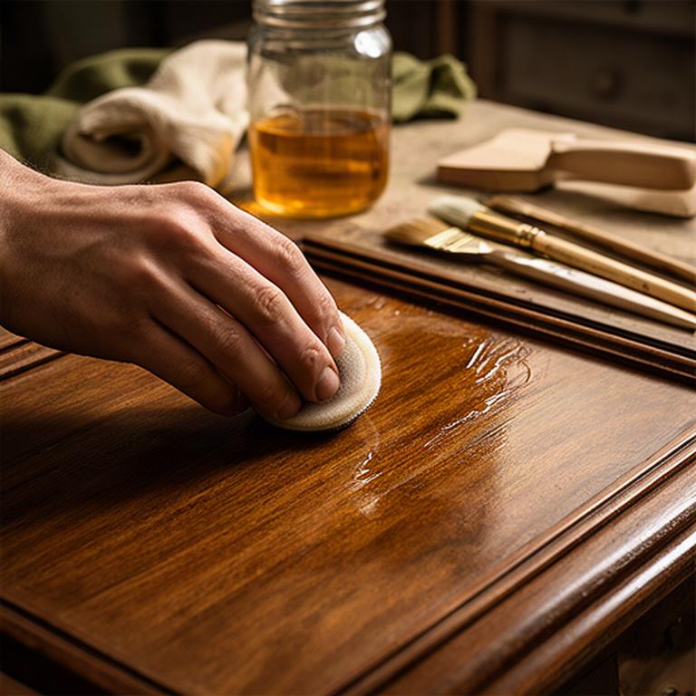 Mano dell'artigiano che stende gommalacca su un piano in noce con strumenti tradizionali