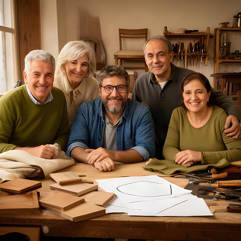 Squadra di artigiani e designer di Walter's Fabbrica riunita nel laboratorio di Pavullo nel Frignano