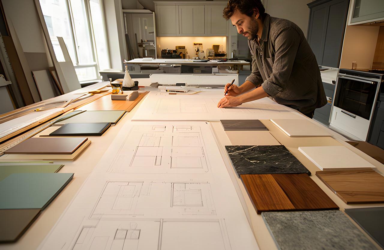 Progettista al tavolo con disegni tecnici di una cucina su misura e campioni di finitura