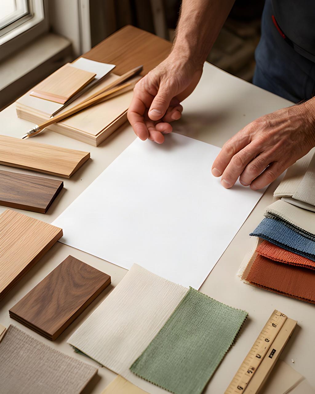Mani che compilano una richiesta di progetto accanto a campioni di legno e tessuti d'arredo