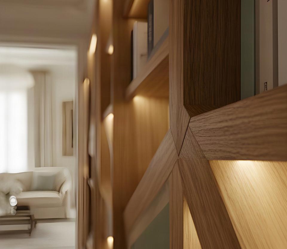 Dettaglio di una libreria su misura in rovere con illuminazione calda in un interno italiano