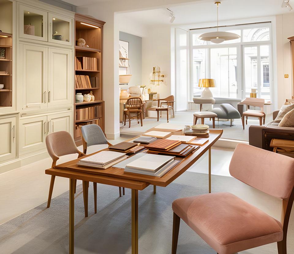 Showroom di mobili artigianali italiani con campioni di materiali e luce naturale