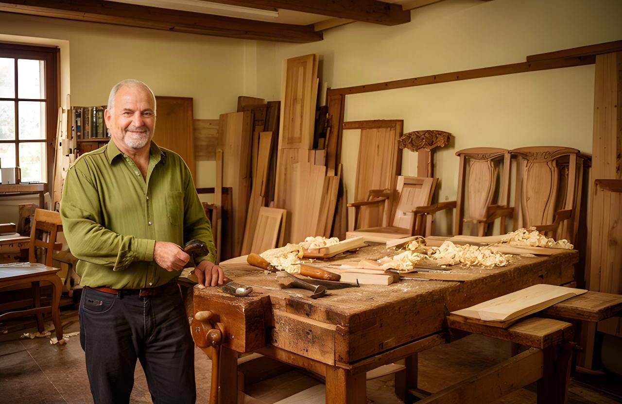 Mario Walter's Fabbrica nella falegnameria di Pavullo nel Frignano, accanto a un banco da lavoro in legno