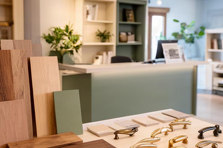 Banco accoglienza dello showroom di Walter's Fabbrica a Pavullo nel Frignano, con campioni di legno e maniglie