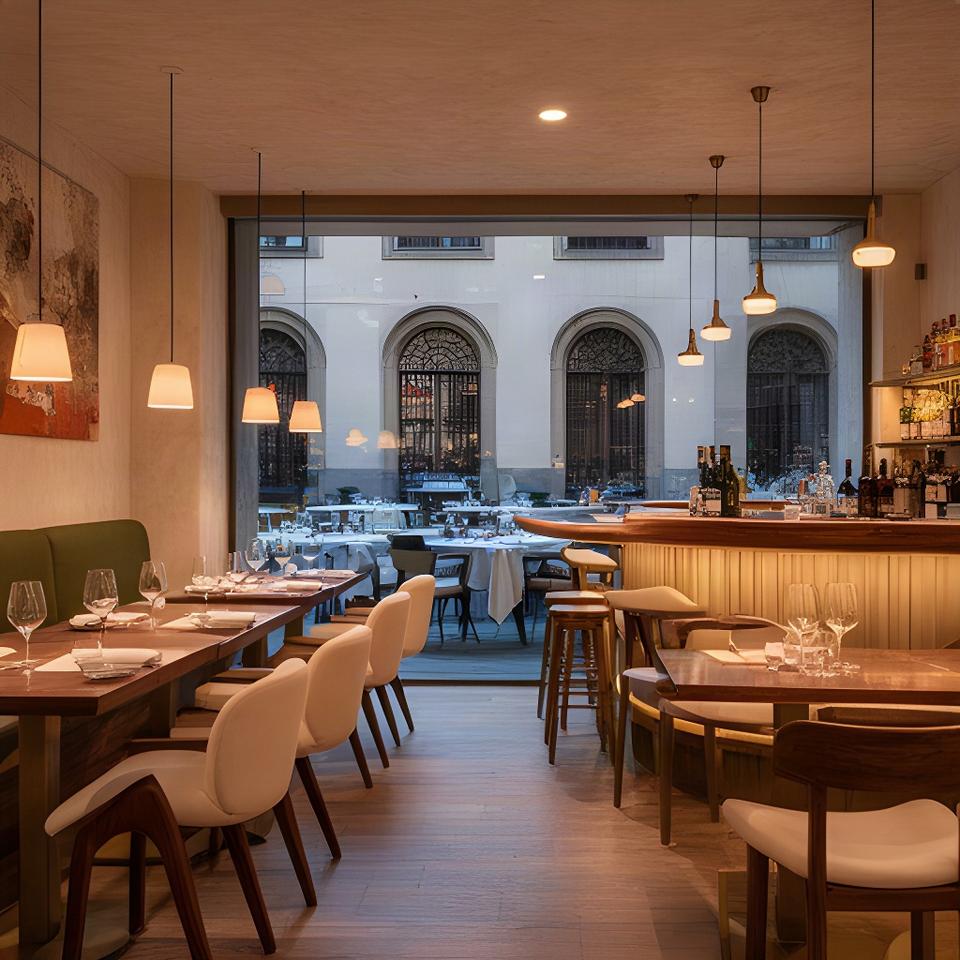 Sala interna del ristorante La Pergola a Bologna con tavoli in legno, bancone bar e sedute coordinate