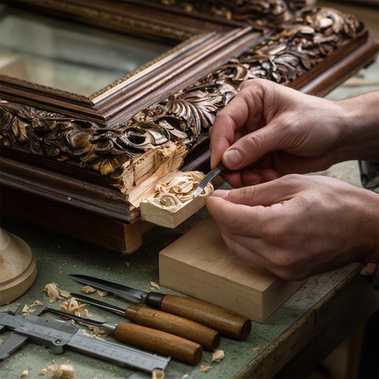 Cornice in legno intagliato durante il recupero di una decorazione mancante nel laboratorio